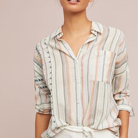 Anthropologie Akemi And Kin Embroidered Striped Button Down Top XS/S Oversized - Picture 2 of 12